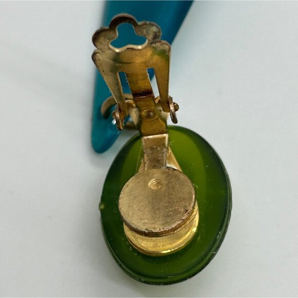 Vintage 1960s Lucite Dangle Clip-On Earrings Teal & Green Mod Design With Facete - Picture 9 of 16
